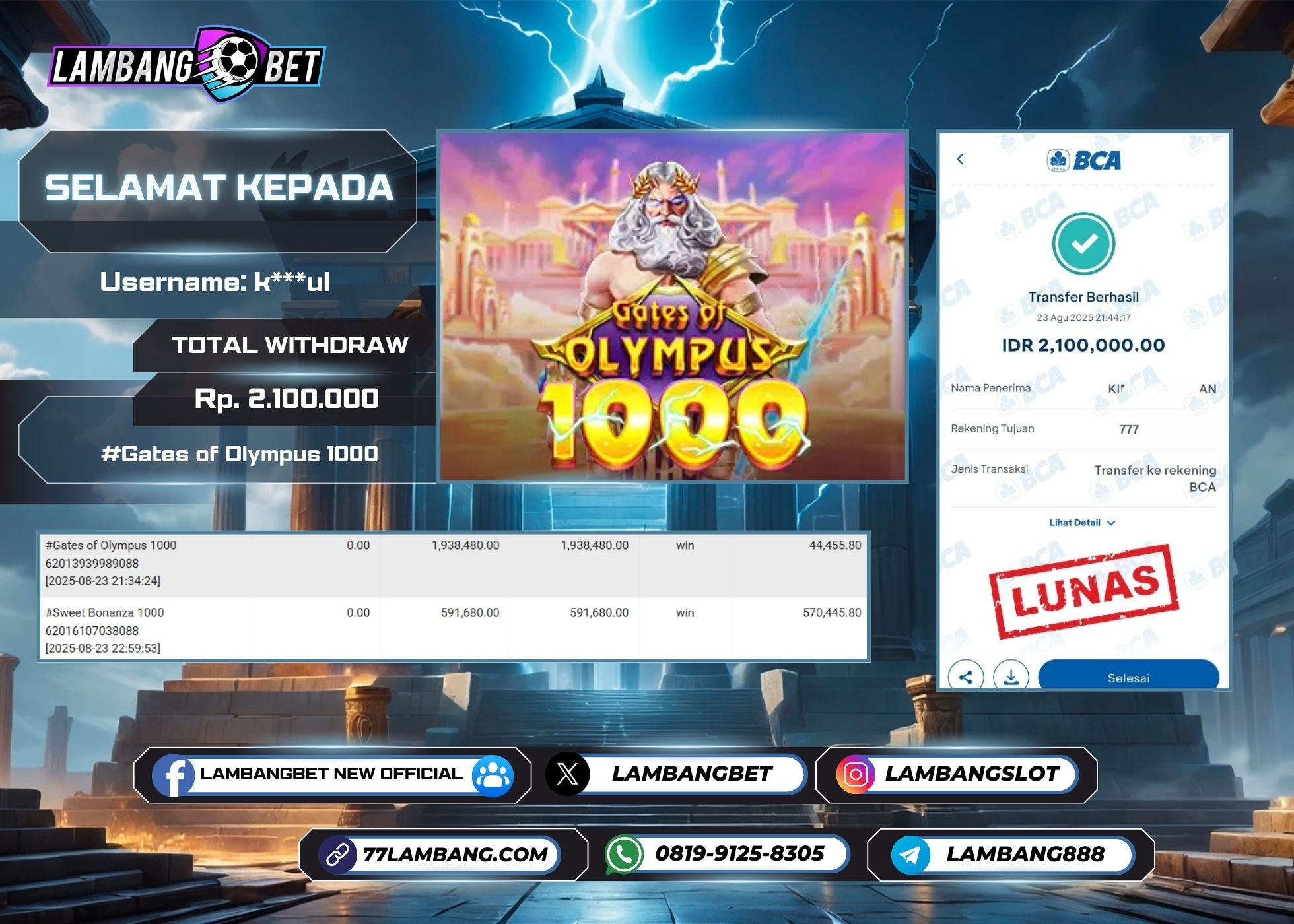 LAMBANGBET [23 AUGUST 2025] JACKPOT SLOT Gates of Olympus 1000 "Rp2.100.000" LUNAS